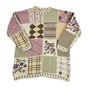 Vintage Laura Ashley Sweater Womens Small Patchwork Floral Plaid Argyle Knit 90s